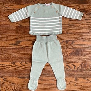 La Coqueta Sage Green and White Stripe Cotton Baby Set - 6M
